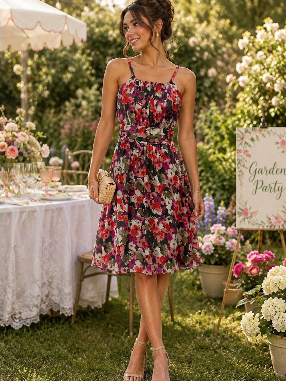 The Limited Floral Midi Dress - Pink, Red, Green